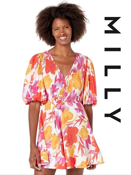 Milly Dresses & Skirts - MILLY Elle Paper Peony Pleated Dress Orange Multi 8